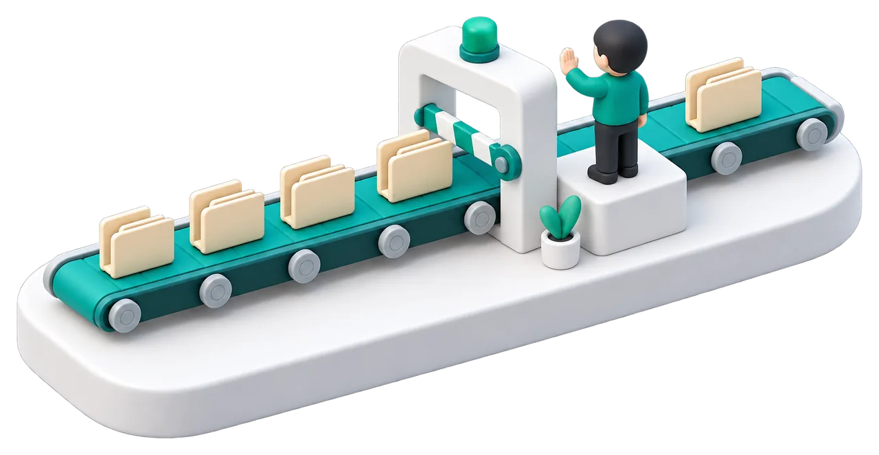 A conveyor of case files held at a lowered barrier while a person on a side platform decides.