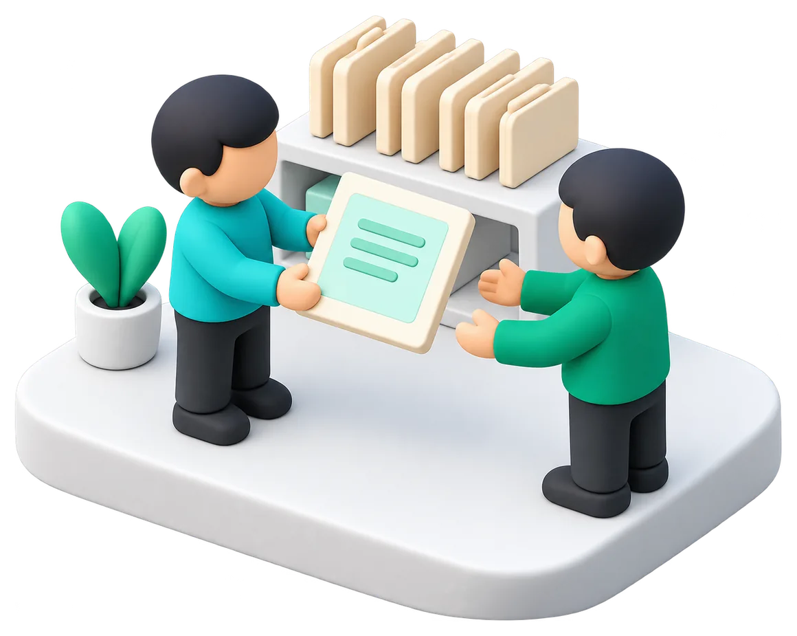 A finished, sealed report being handed from one reviewer to another beside a shelf of completed files.